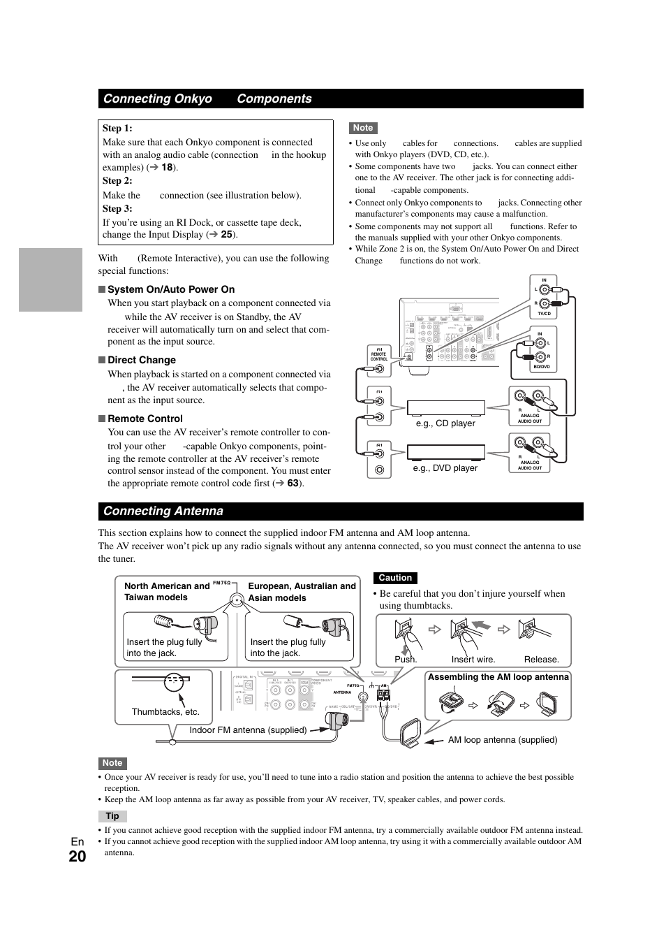 Connecting onkyo ri components, Connecting antenna, Connecting onkyo | Connecting onkyo components | Onkyo TX SR608 User Manual | Page 20 / 76