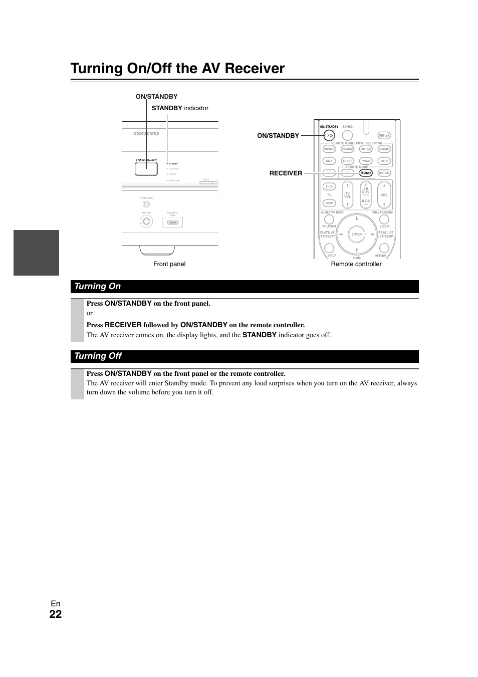 Turning on & basic operations, Turning on/off the av receiver, Turning on | Turning off, Turning on turning off, Tton | Onkyo TX SR608 User Manual | Page 22 / 76