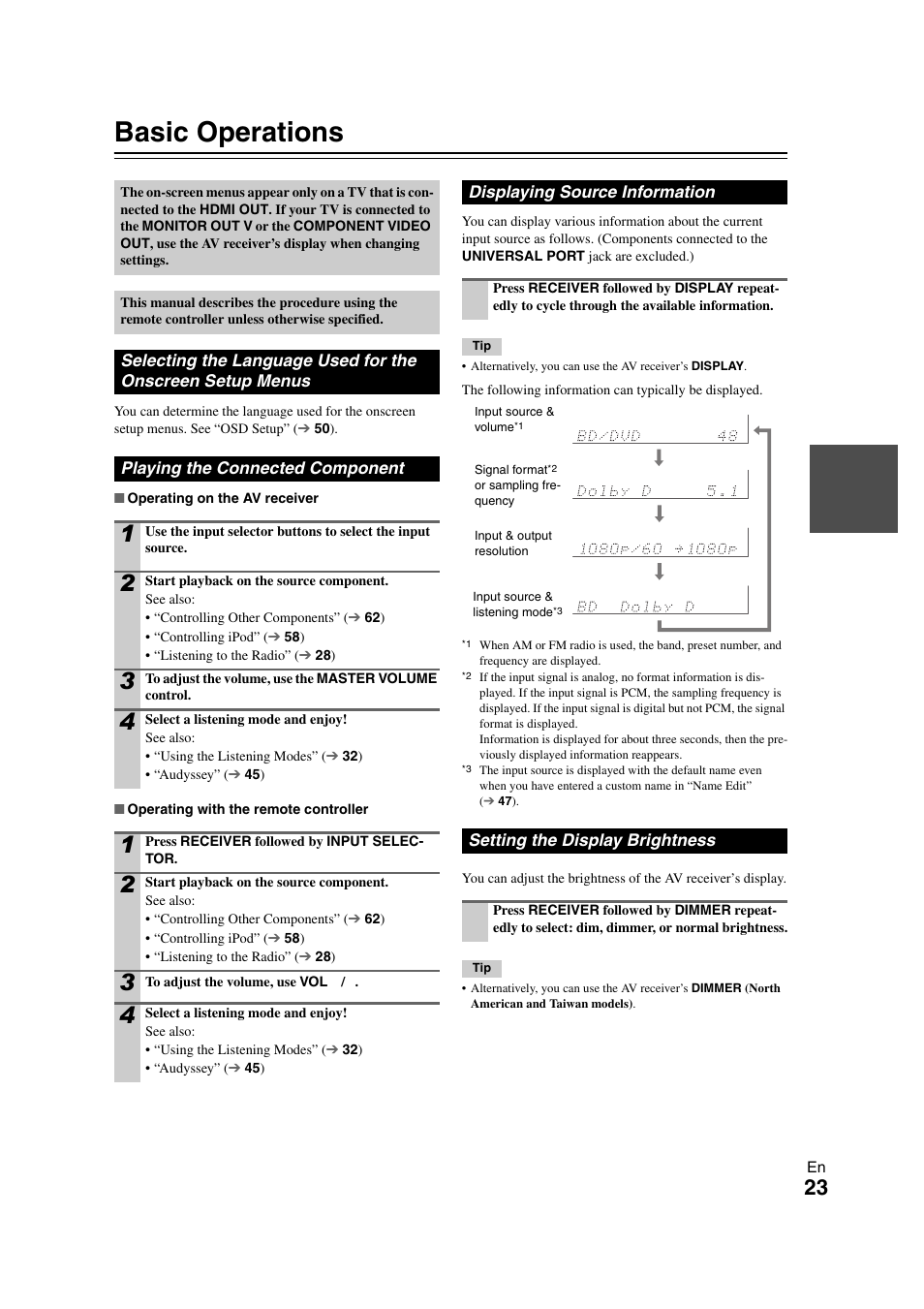 Basic operations, Playing the connected component, Displaying source information | Setting the display brightness, Selecting the language used for, The onscreen setup menus | Onkyo TX SR608 User Manual | Page 23 / 76