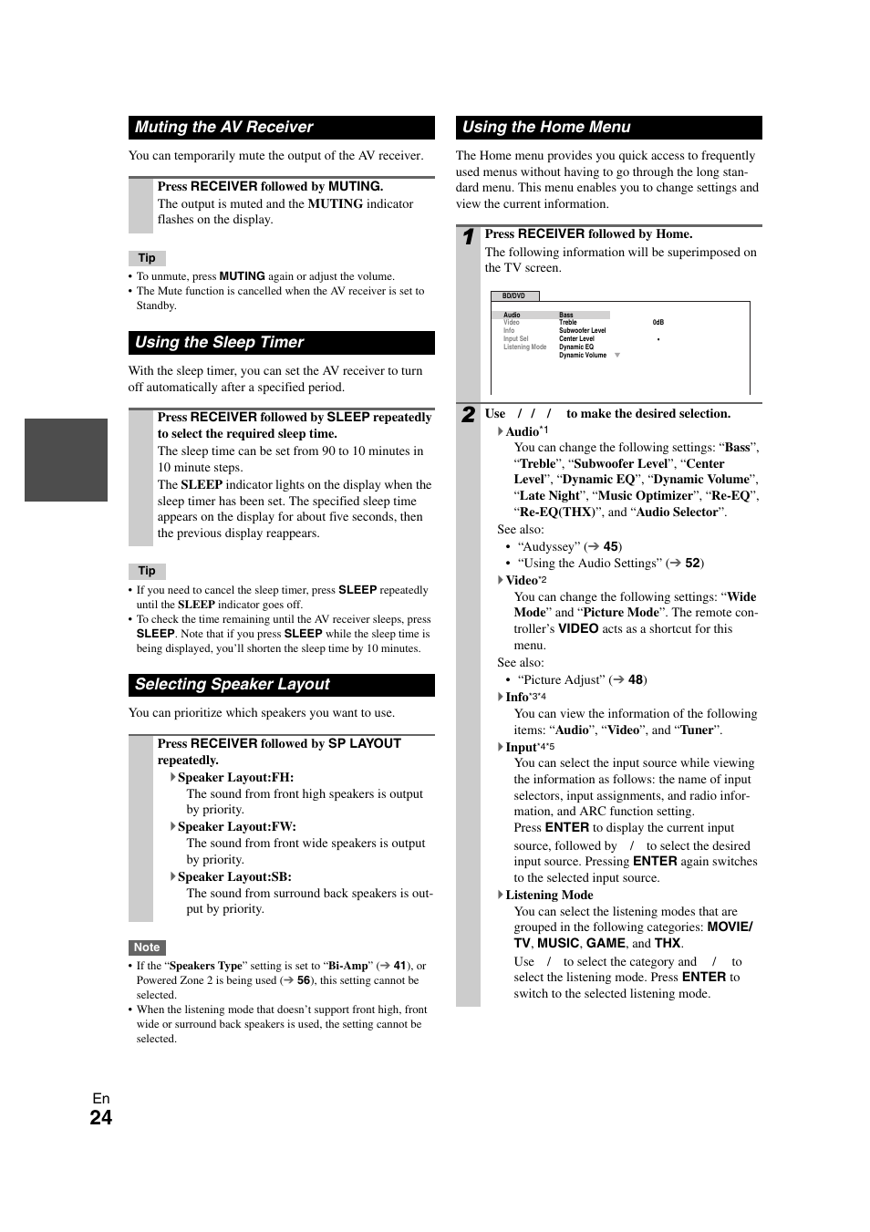 Muting the av receiver, Using the sleep timer, Selecting speaker layout | Using the home menu, Tton | Onkyo TX SR608 User Manual | Page 24 / 76