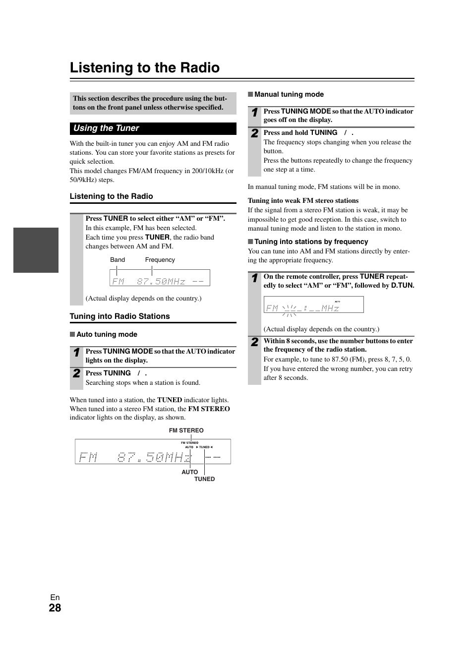 Listening to the radio, Using the tuner, 28 to | Onkyo TX SR608 User Manual | Page 28 / 76