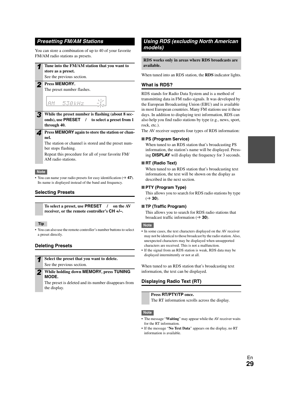 Presetting fm/am stations, Using rds (excluding north american models), 29), arr | Onkyo TX SR608 User Manual | Page 29 / 76
