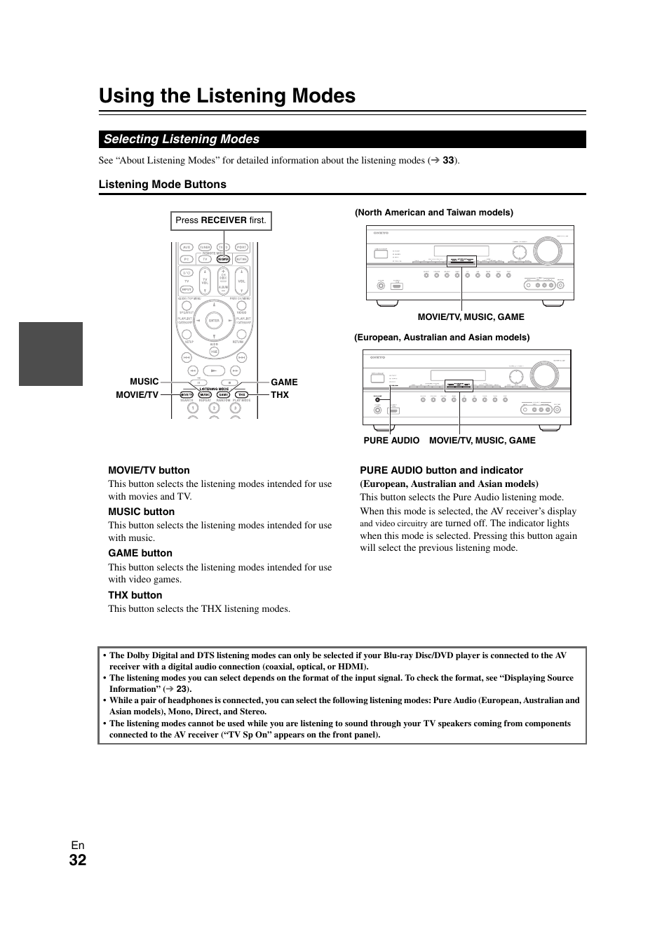 Using the listening modes, Selecting listening modes | Onkyo TX SR608 User Manual | Page 32 / 76