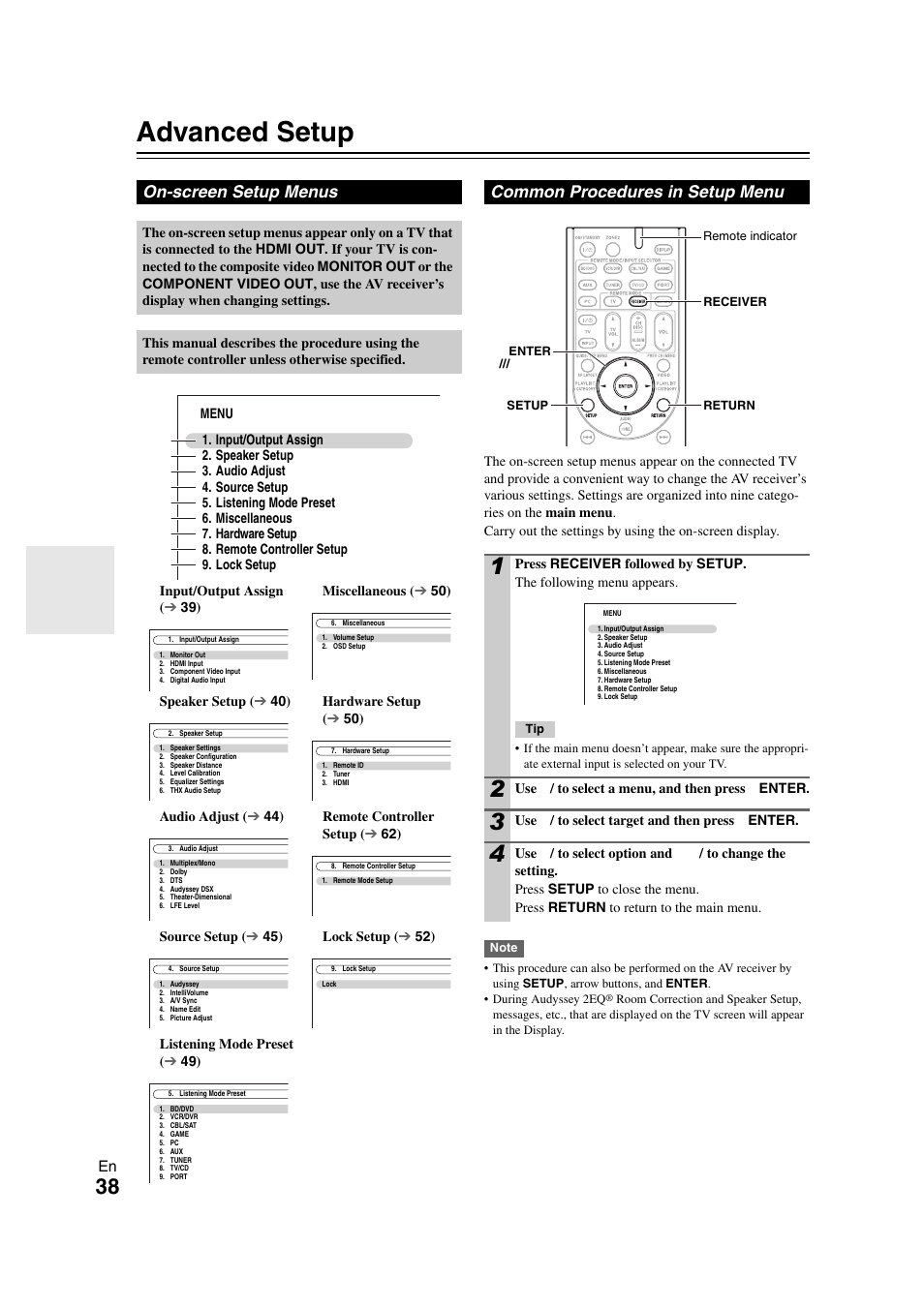 Advanced operations, Advanced setup, On-screen setup menus | Common procedures in setup menu, See “advanced setup” f, Details | Onkyo TX SR608 User Manual | Page 38 / 76