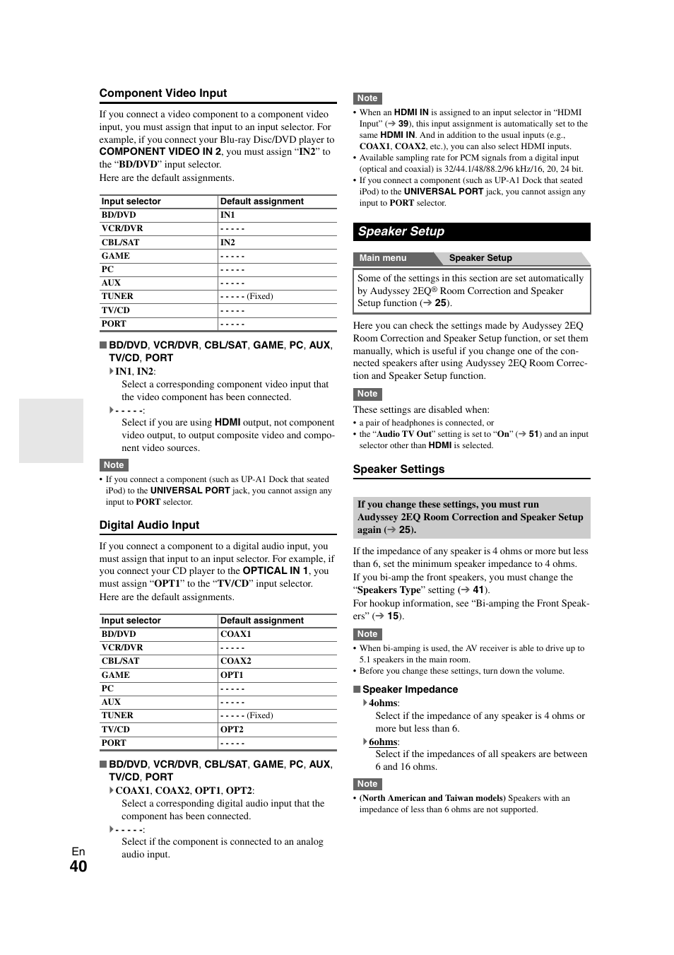 Speaker setup, 40 ). if you use, Component video input | 40, digital audio input ) | Onkyo TX SR608 User Manual | Page 40 / 76