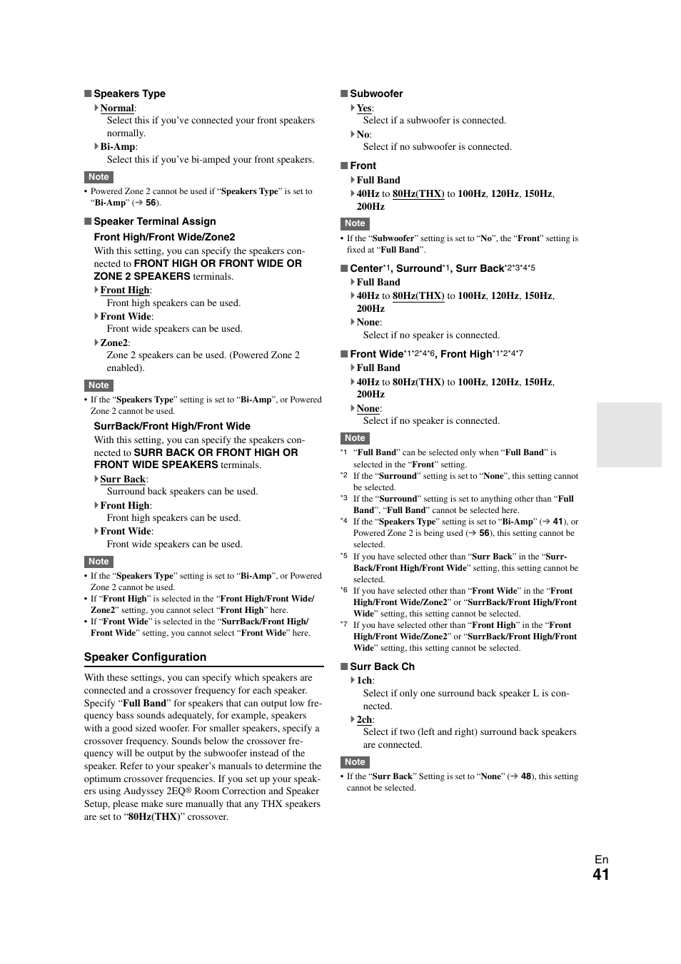 E “speakers type” setting, Ee “speaker configuration” f, Speaker configuration | Ting | Onkyo TX SR608 User Manual | Page 41 / 76