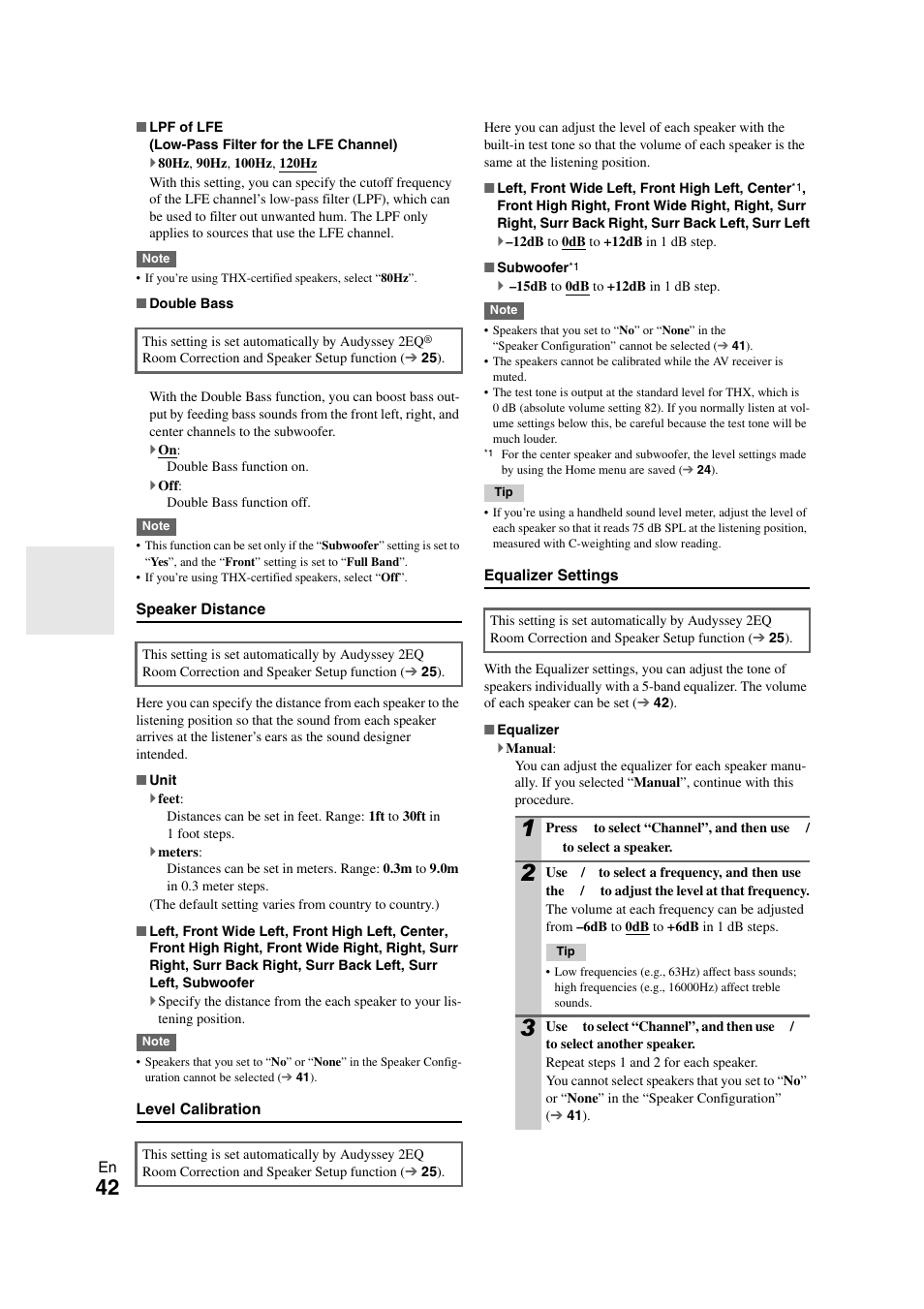 42 ). on, Speaker distance, Level calibration | Equalizer settings | Onkyo TX SR608 User Manual | Page 42 / 76