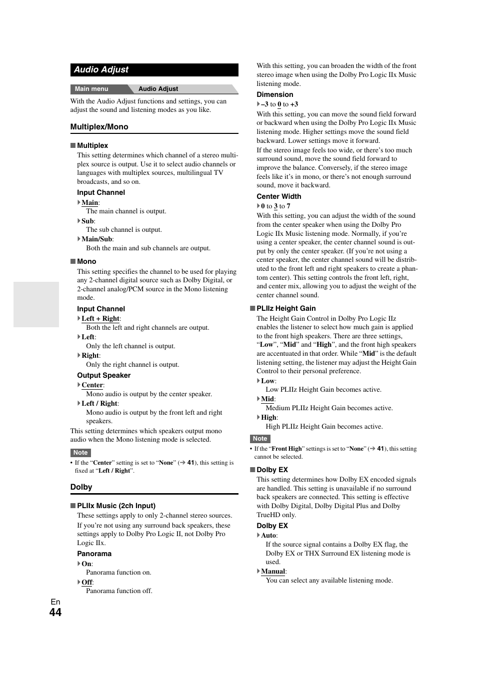 Audio adjust, Dio adjust | Onkyo TX SR608 User Manual | Page 44 / 76