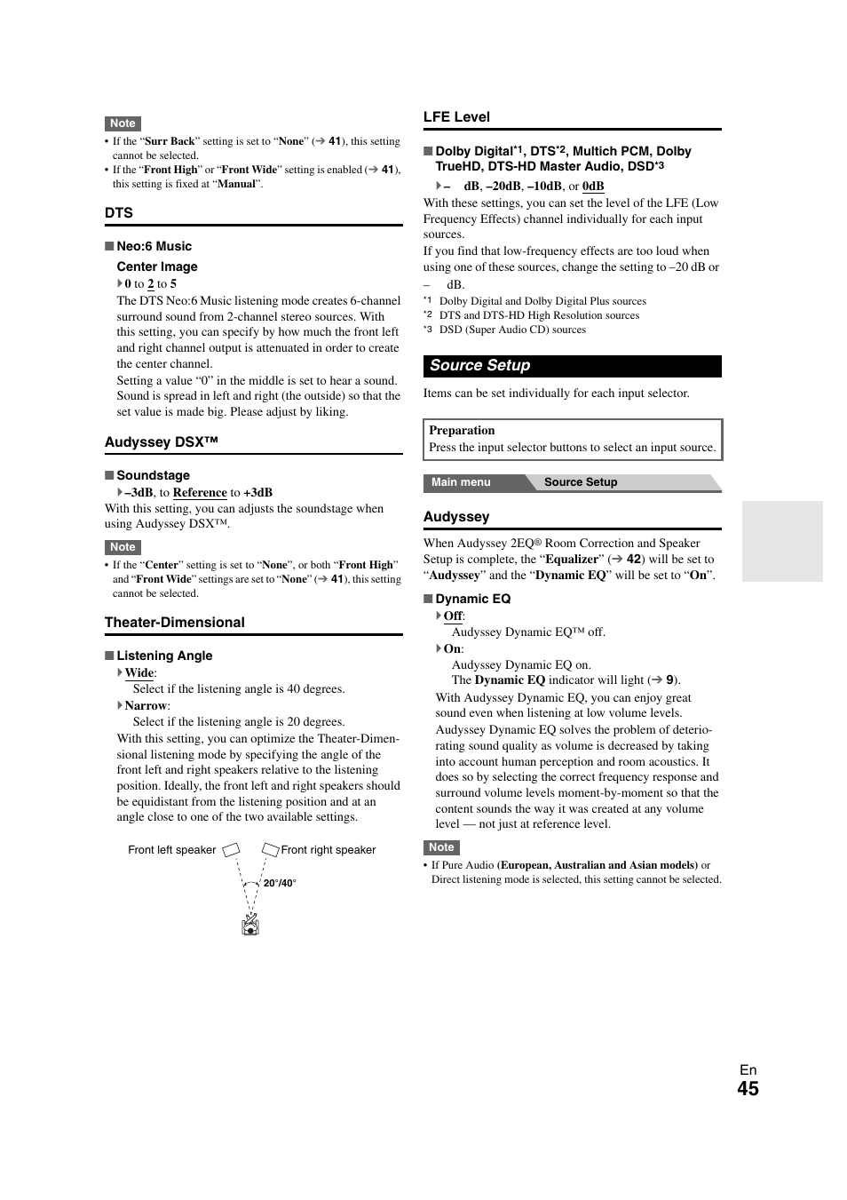 Source setup, Audyssey, 45 ), the | Onkyo TX SR608 User Manual | Page 45 / 76