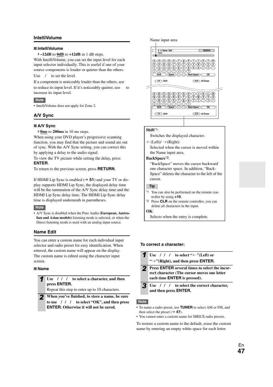 Om name in “name edit, En intellivolume, A/v sync | Name edit | Onkyo TX SR608 User Manual | Page 47 / 76