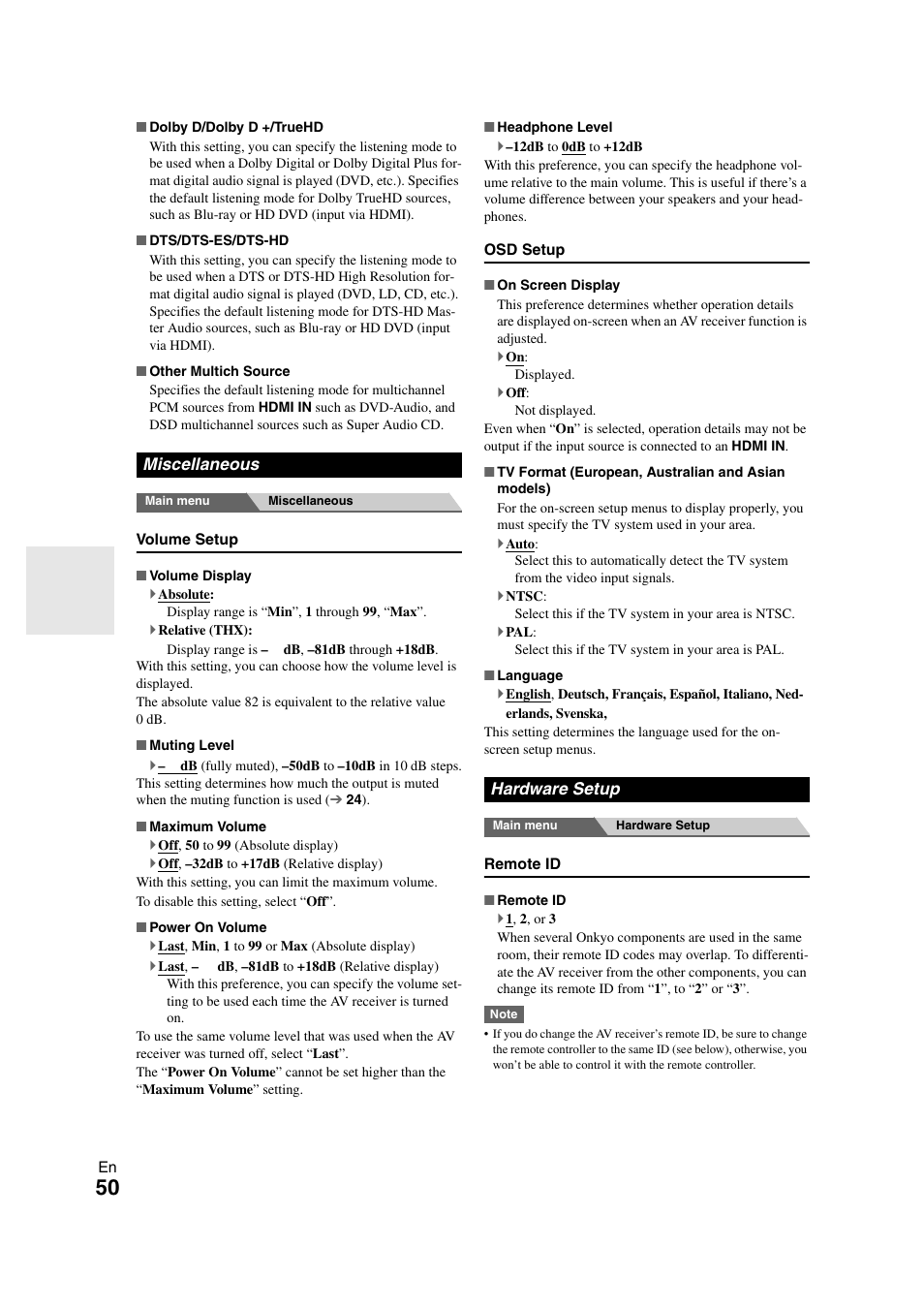 Miscellaneous, Hardware setup, Miscellaneous hardware setup | Setup menus. see “osd setup | Onkyo TX SR608 User Manual | Page 50 / 76