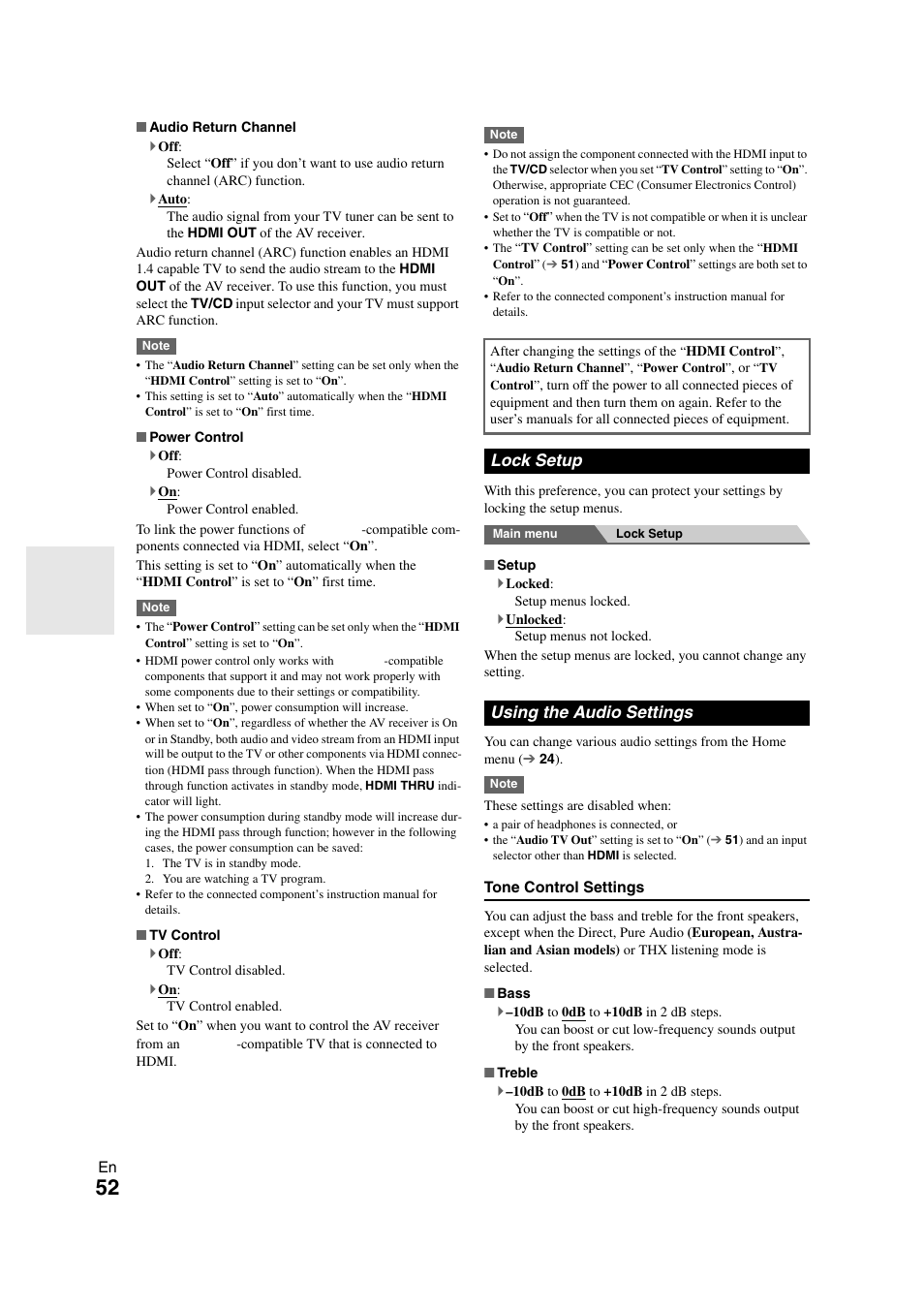 Lock setup, Using the audio settings, Lock setup using the audio settings | 52 ) and | Onkyo TX SR608 User Manual | Page 52 / 76