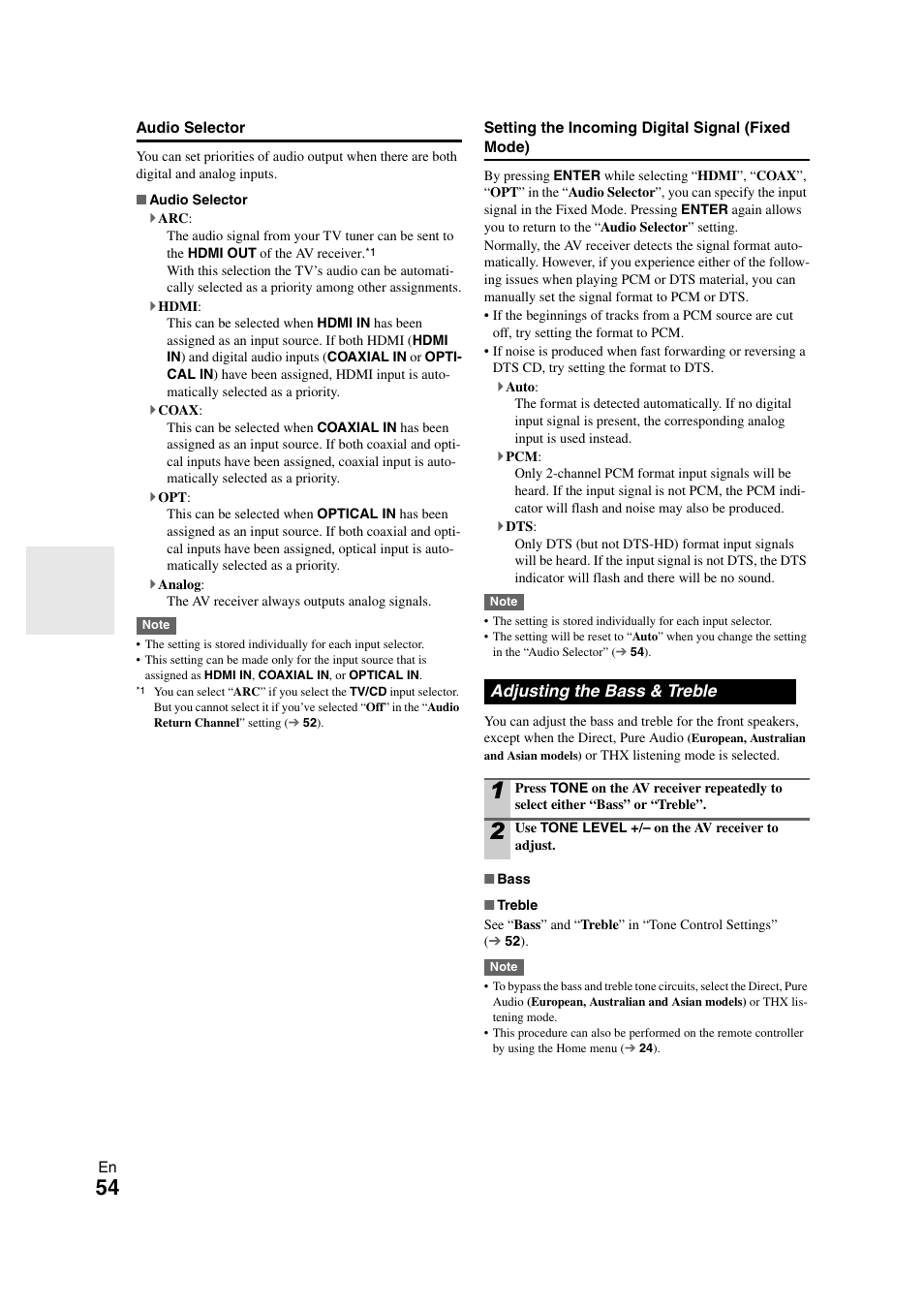 Adjusting the bass & treble | Onkyo TX SR608 User Manual | Page 54 / 76