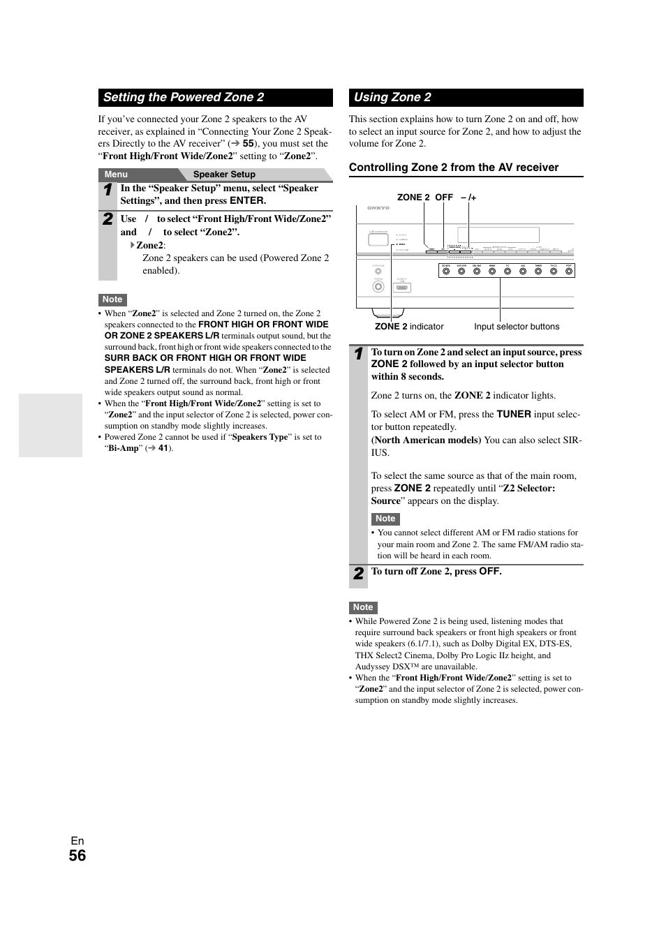 Setting the powered zone 2, Using zone 2, Setting the powered zone 2 using zone 2 | 56 to, Being used | Onkyo TX SR608 User Manual | Page 56 / 76