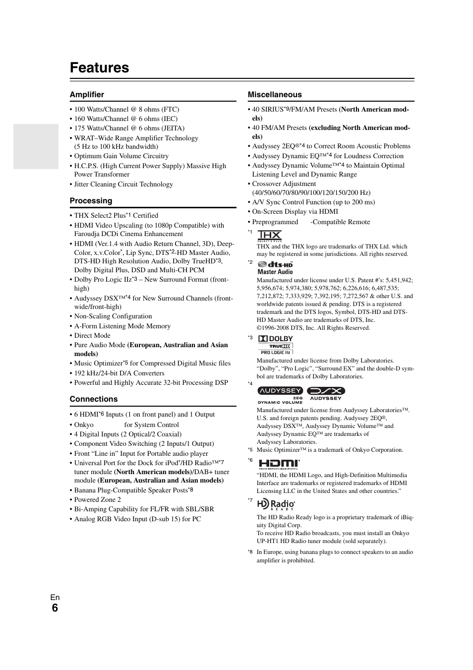 Features | Onkyo TX SR608 User Manual | Page 6 / 76
