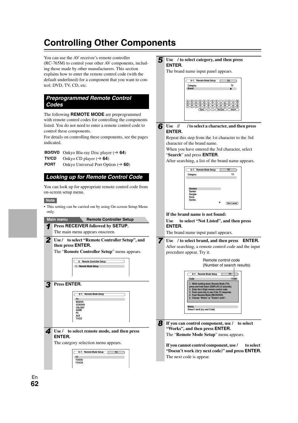 Controlling other components, Preprogrammed remote control codes, Looking up for remote control code | Onkyo TX SR608 User Manual | Page 62 / 76