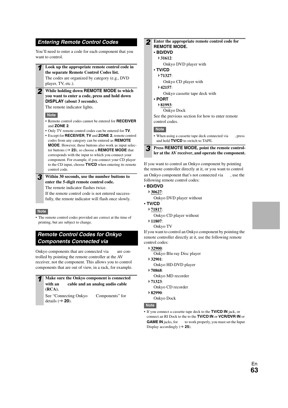 Entering remote control codes, Onkyo components connected via, E “entering remote control codes” f | See “entering remote control codes” for details | Onkyo TX SR608 User Manual | Page 63 / 76