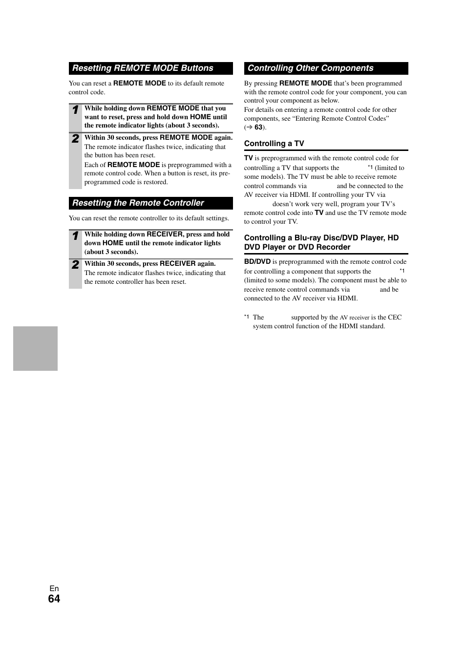 Resetting remote mode buttons, Resetting the remote controller, Controlling other components | Yo blu-ray disc player | Onkyo TX SR608 User Manual | Page 64 / 76