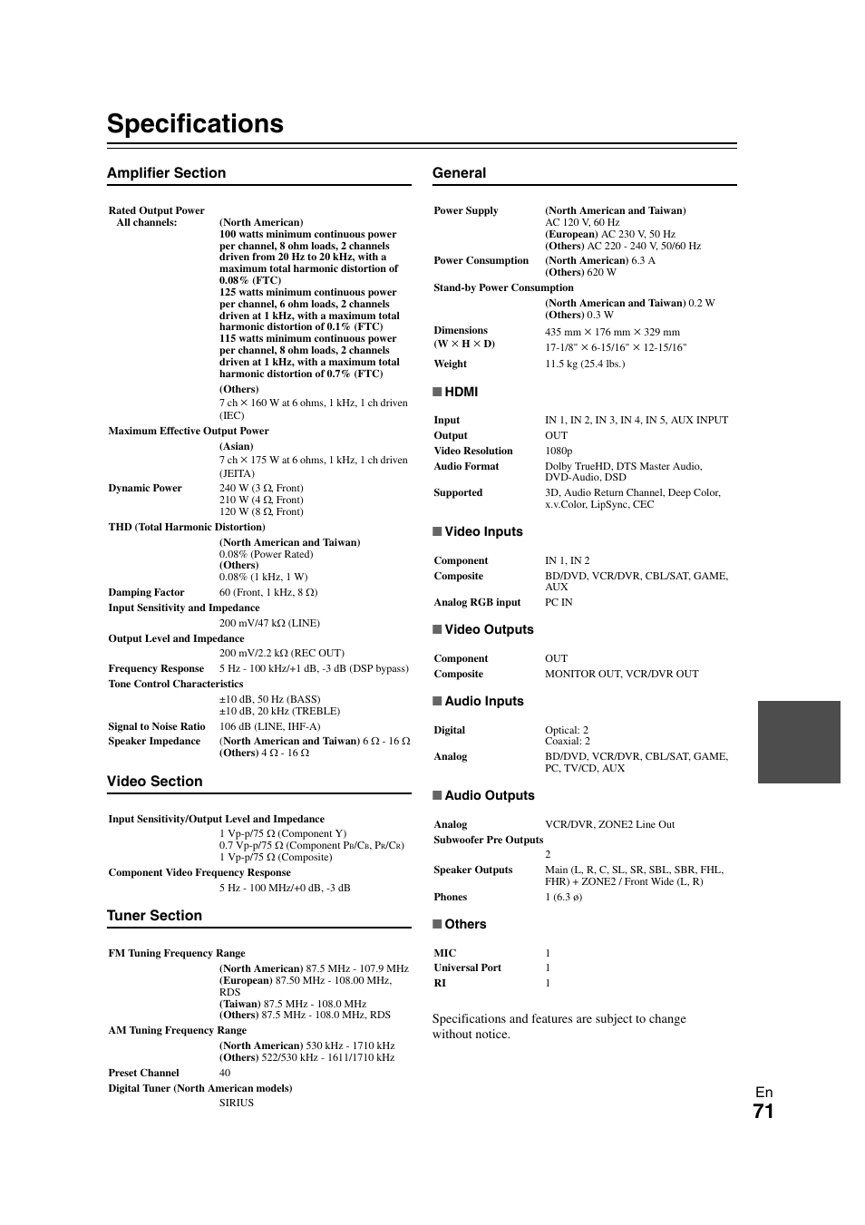 Specifications | Onkyo TX SR608 User Manual | Page 71 / 76