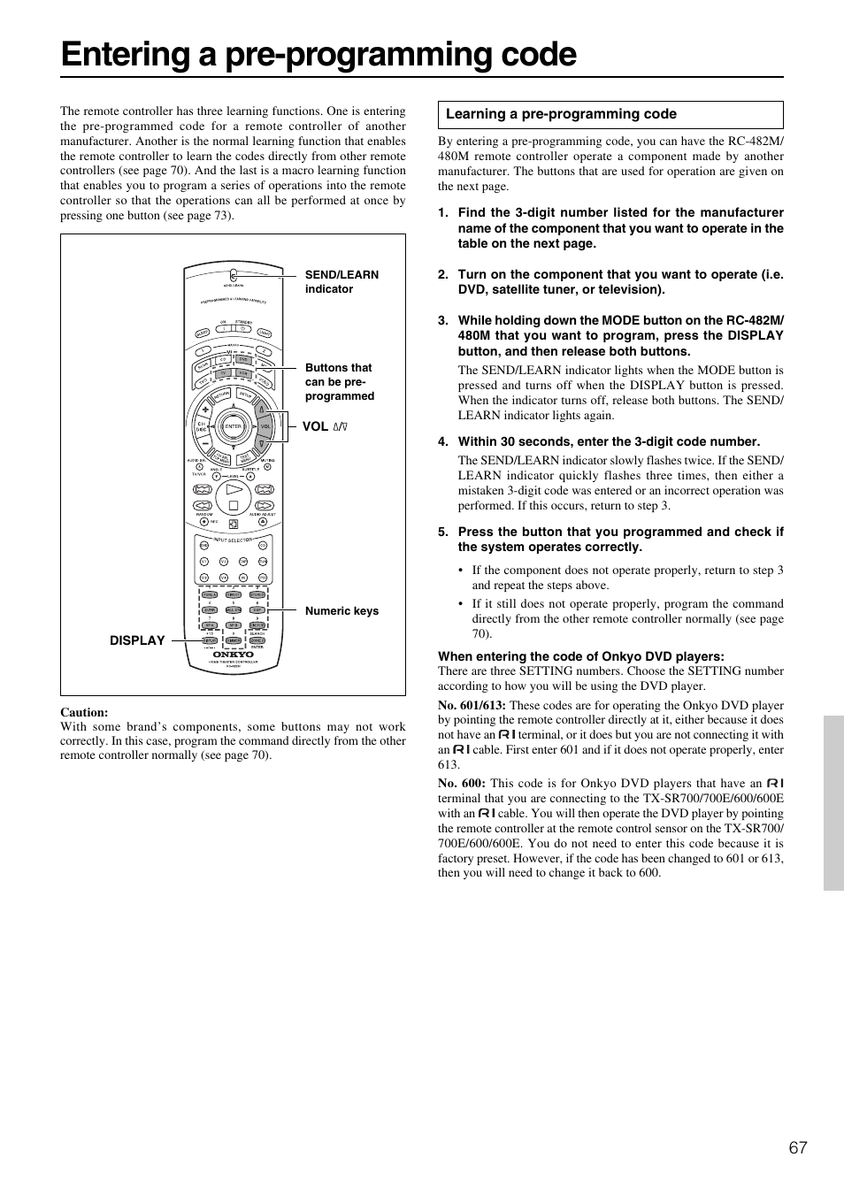 Entering a pre-programming code | Onkyo RC- 480M User Manual | Page 5 / 12