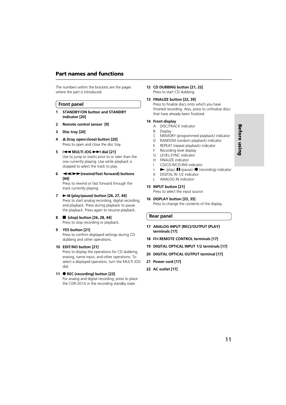 Part names and functions, Befor e using, Front panel | Rear panel | Onkyo CDR-201A User Manual | Page 11 / 52