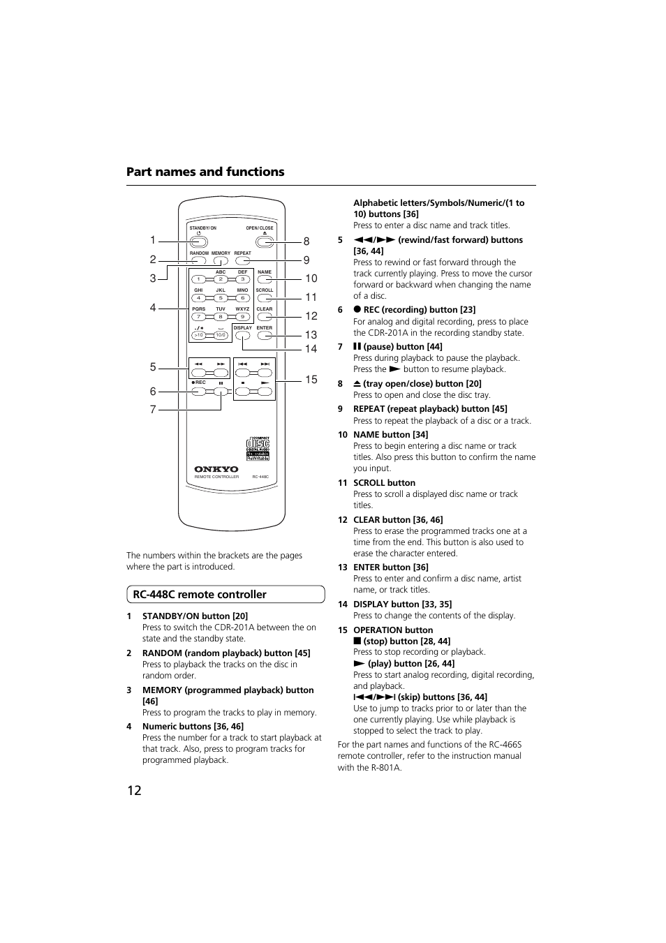 Part names and functions, Rc-448c remote controller | Onkyo CDR-201A User Manual | Page 12 / 52