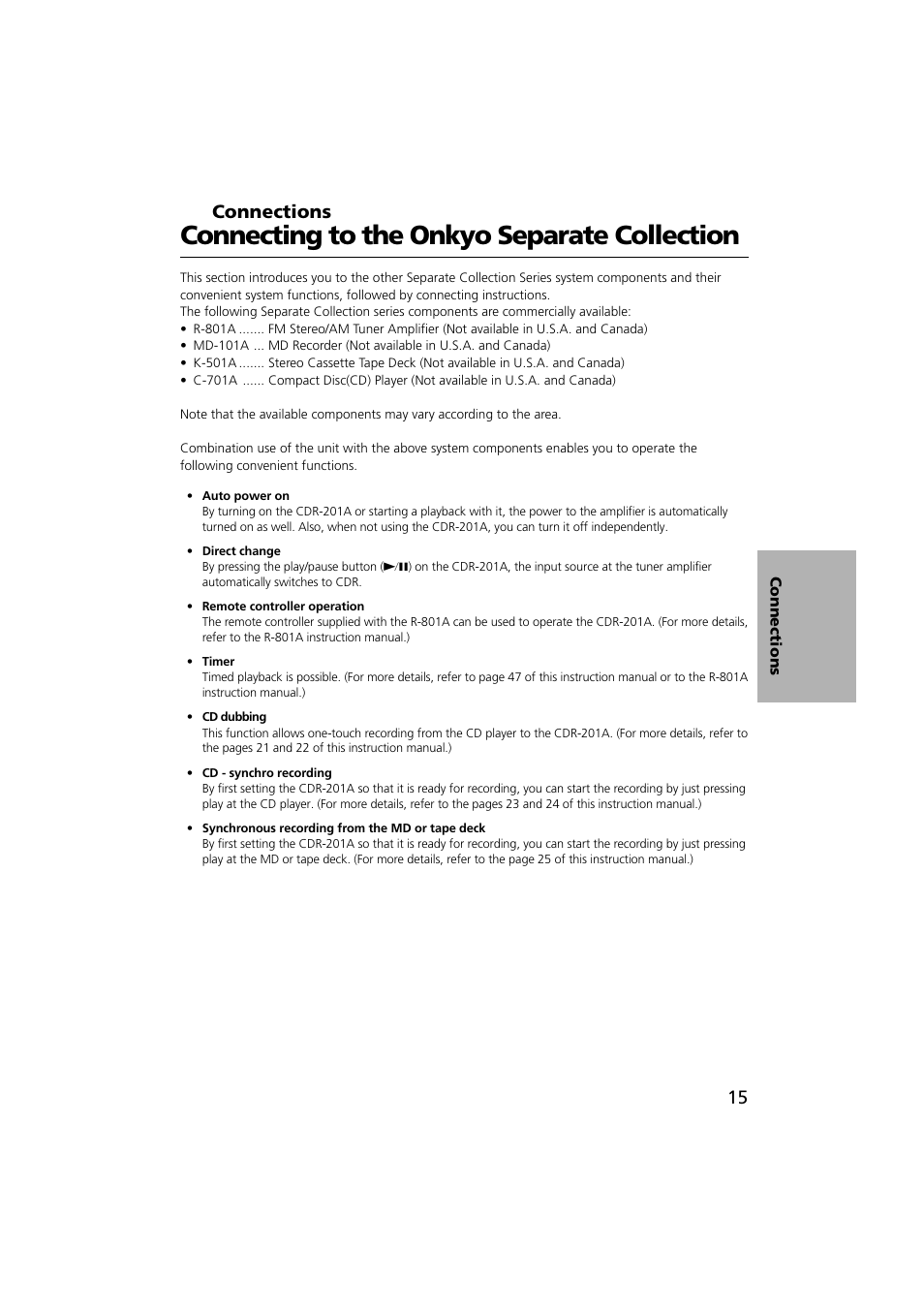 Connecting to the onkyo separate collection, Connections | Onkyo CDR-201A User Manual | Page 15 / 52