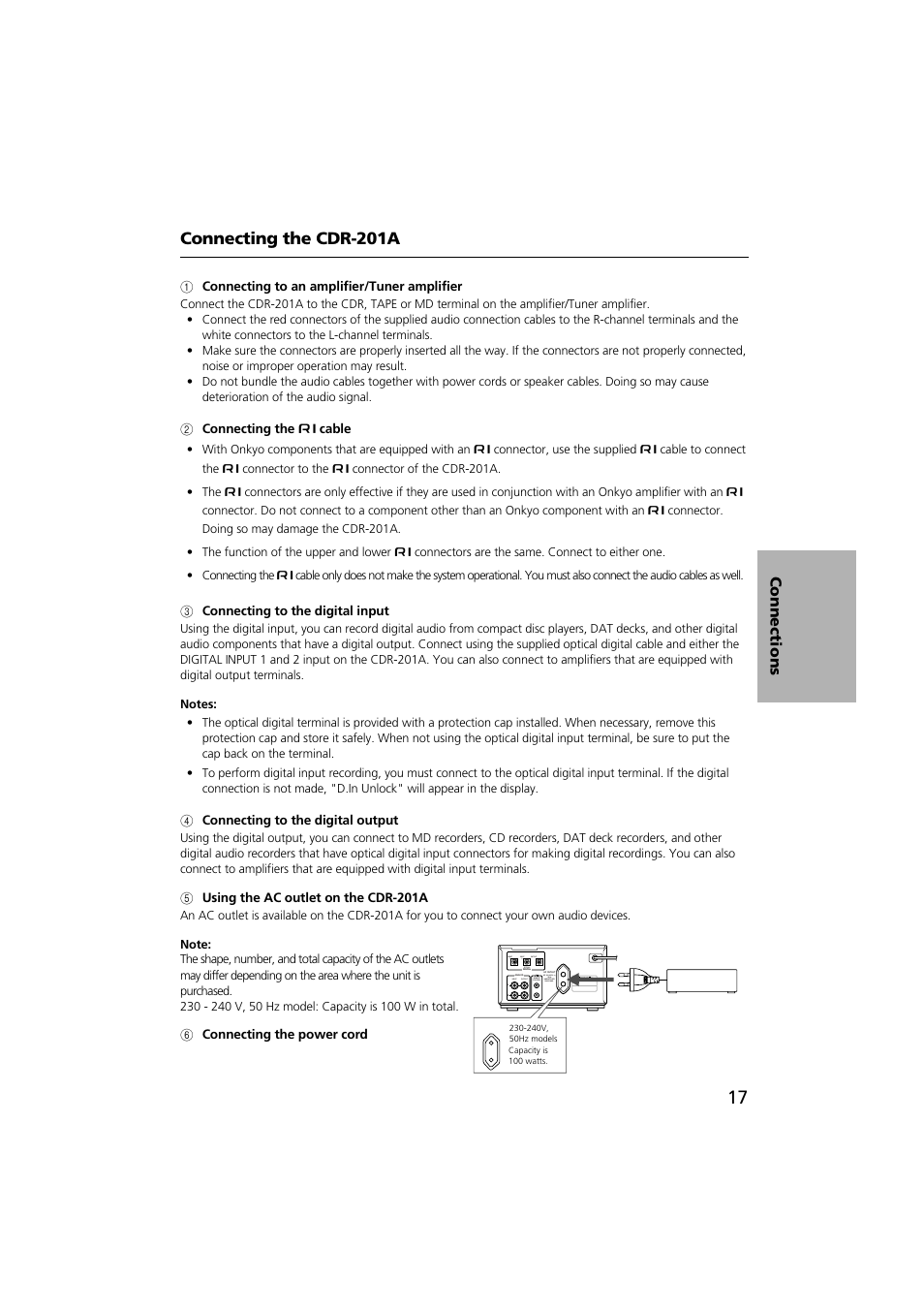 Connecting the cdr-201a, Connections | Onkyo CDR-201A User Manual | Page 17 / 52
