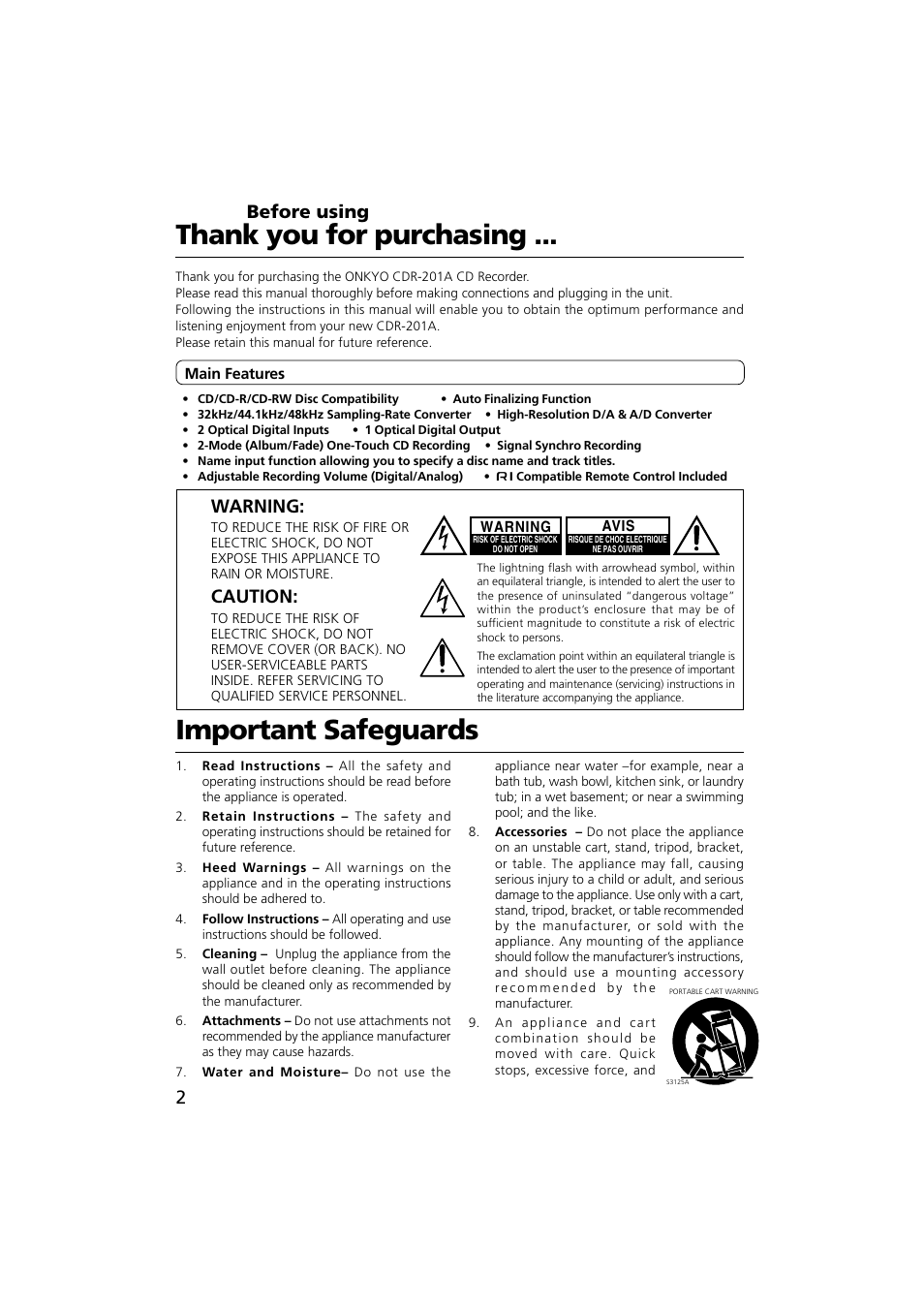 Important safeguards, Before using, Warning | Caution | Onkyo CDR-201A User Manual | Page 2 / 52