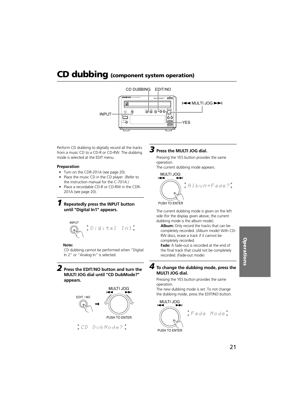 Cd dubbing, Component system operation), Operations | Onkyo CDR-201A User Manual | Page 21 / 52