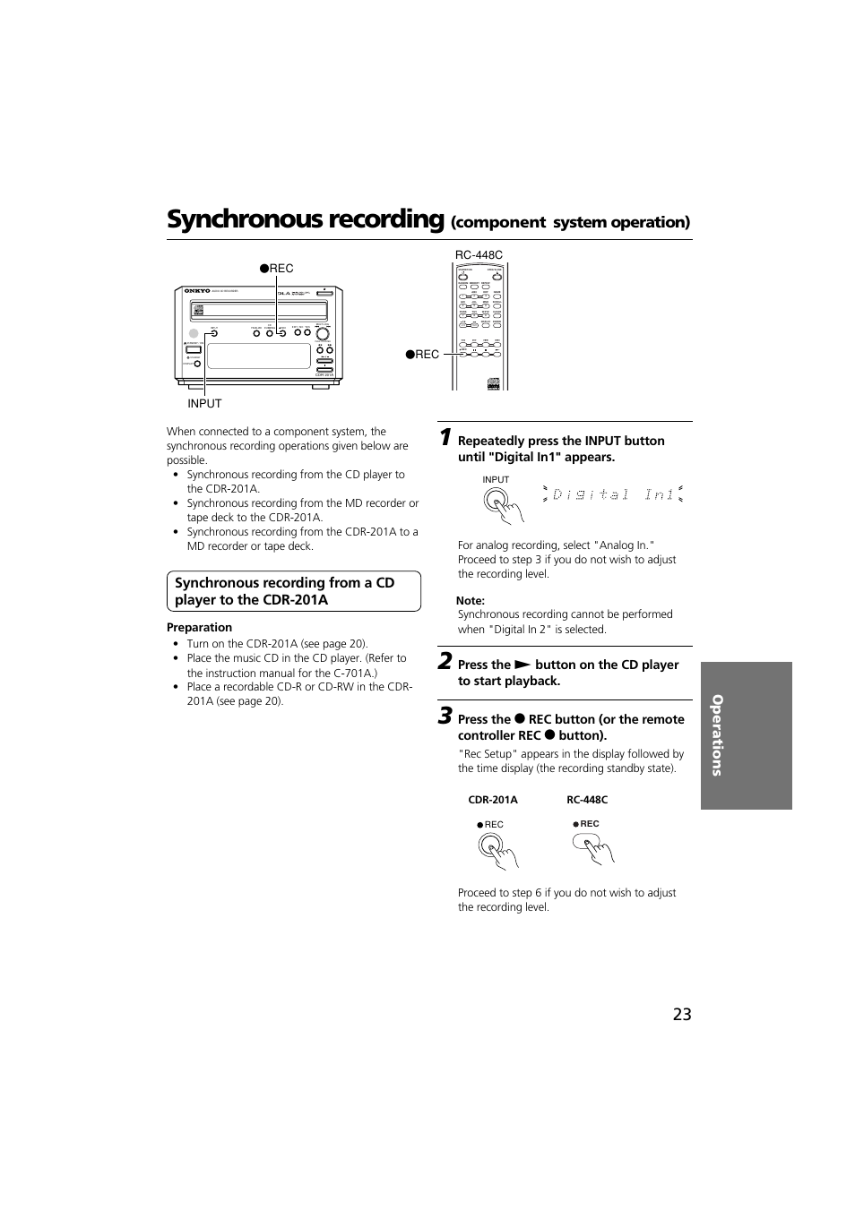 Synchronous recording, Component system operation), Operations | Preparation | Onkyo CDR-201A User Manual | Page 23 / 52