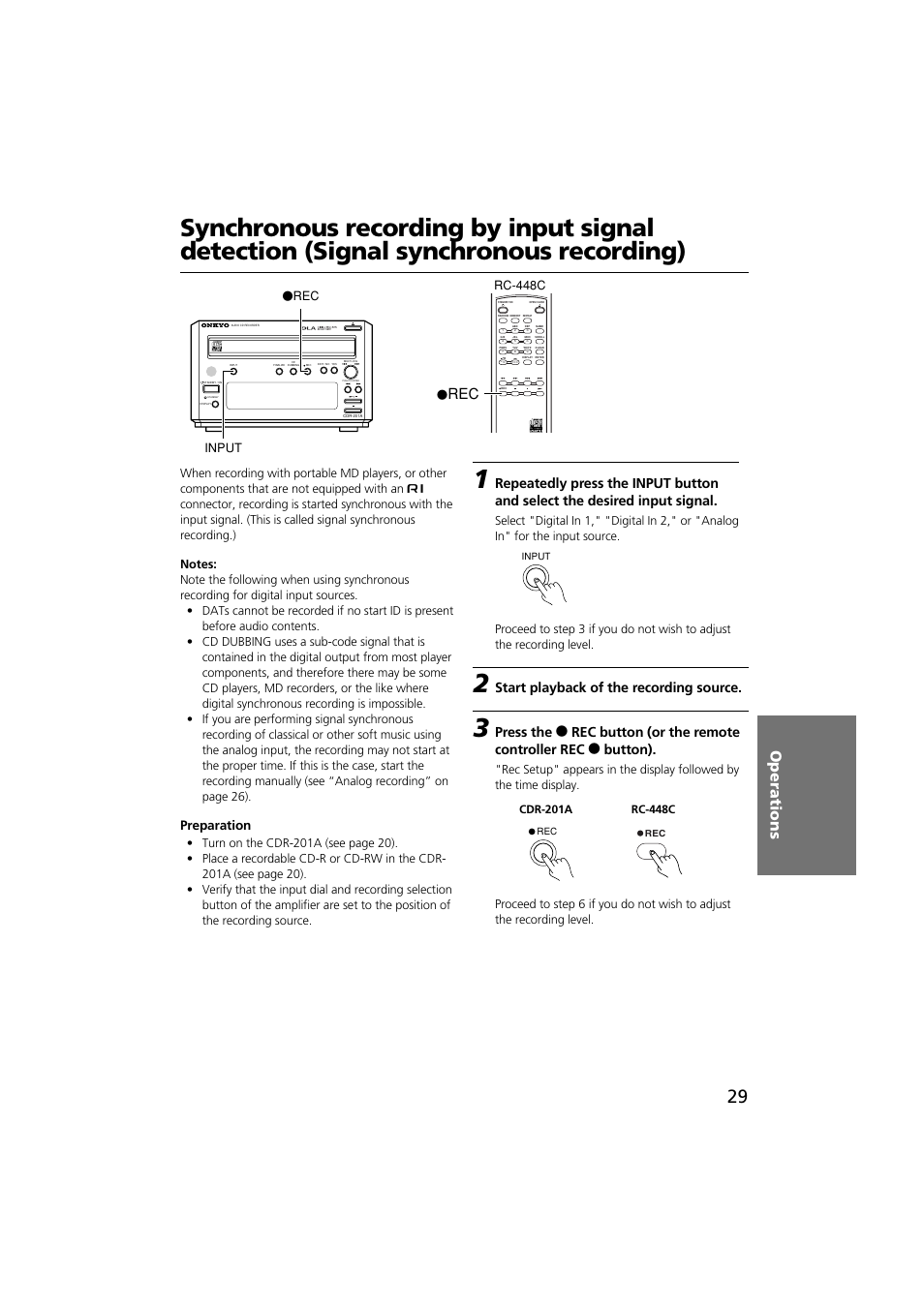 Operations, Start playback of the recording source, Preparation | Rc-448c o, Input o rec | Onkyo CDR-201A User Manual | Page 29 / 52