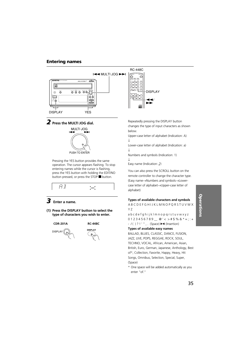 Entering names, Operations, Enter a name | Press the multi jog dial, Display d/ f rc-448c yes display q multi jog w, Multi jog | Onkyo CDR-201A User Manual | Page 35 / 52