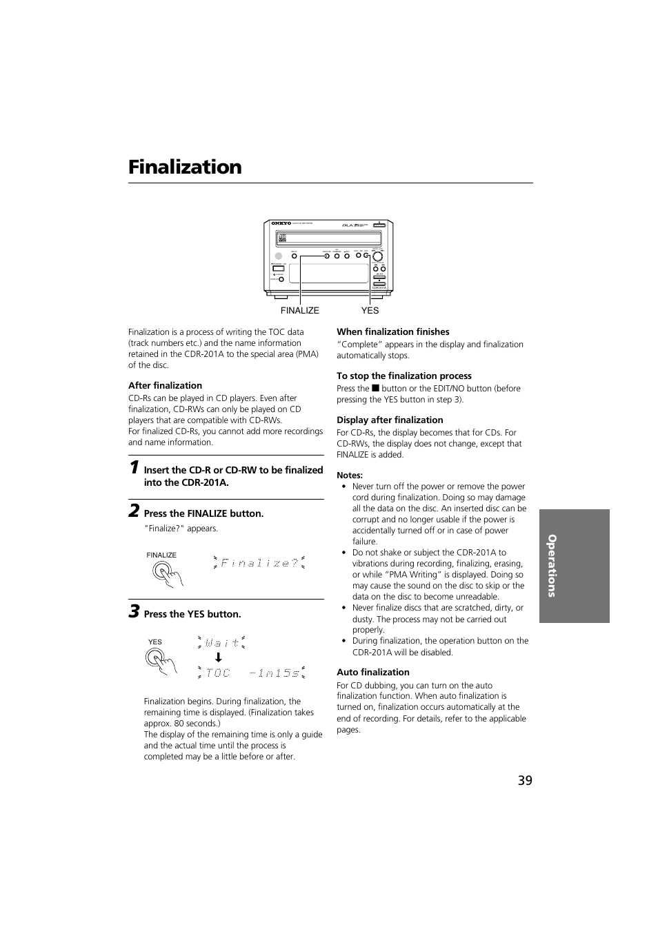 Finalization, Operations | Onkyo CDR-201A User Manual | Page 39 / 52