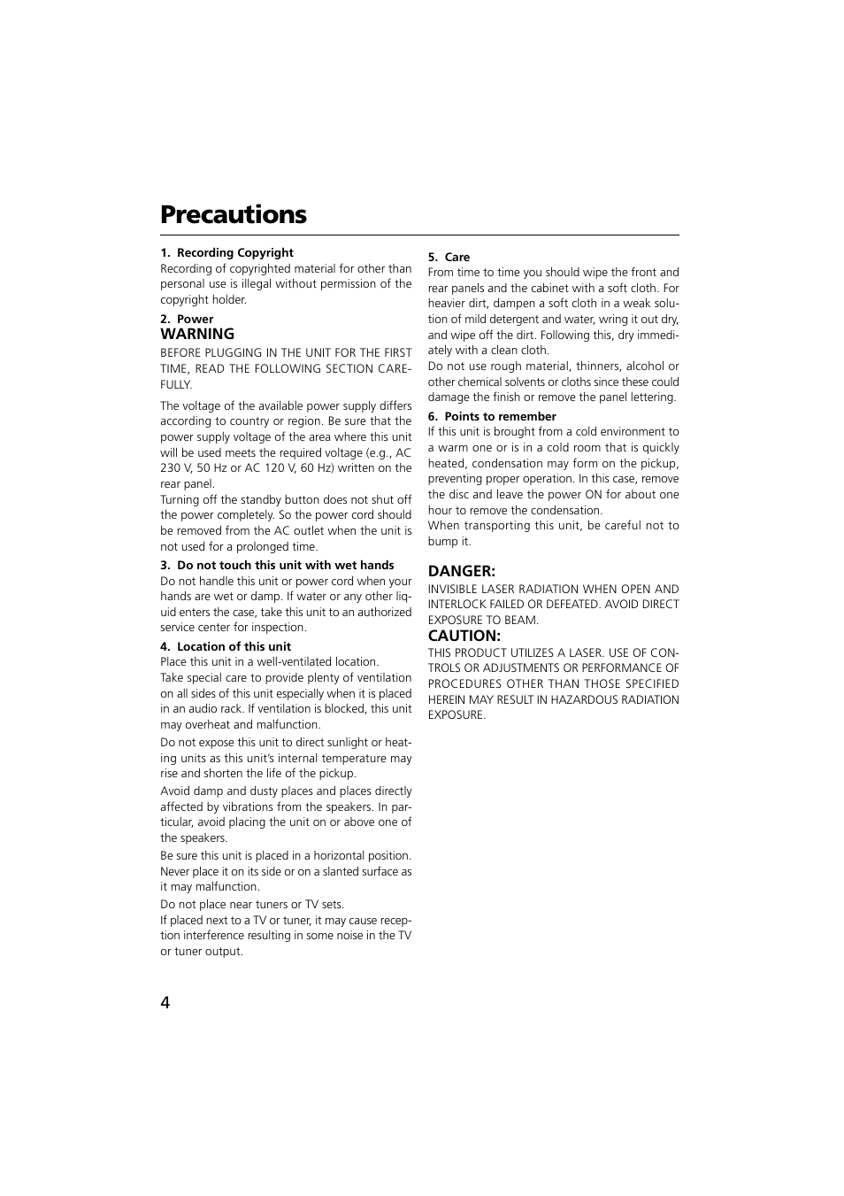 Precautions | Onkyo CDR-201A User Manual | Page 4 / 52