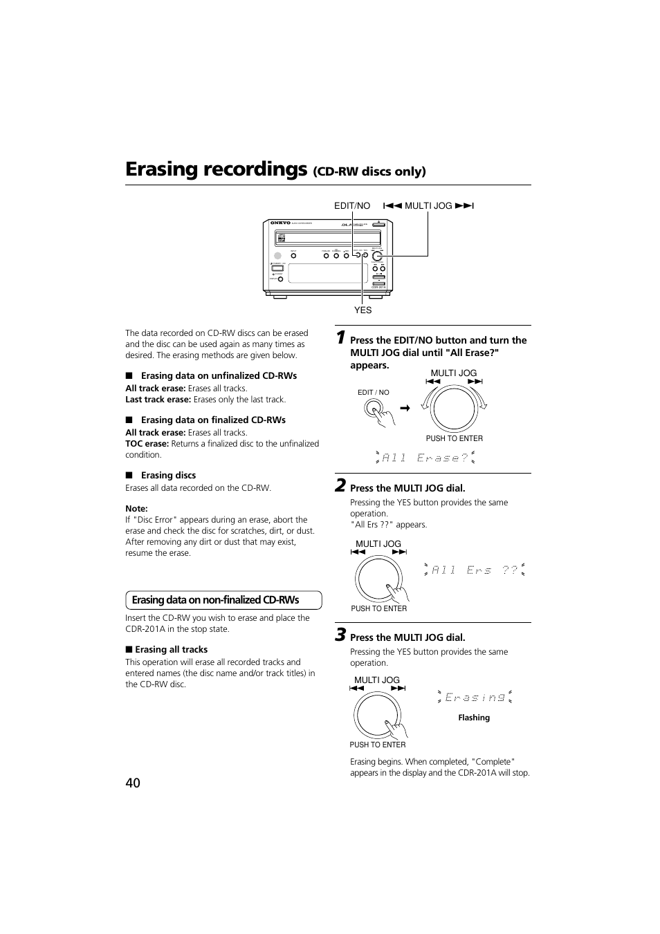 Erasing recordings, Cd-rw discs only), Erasing data on non-finalized cd-rws | Onkyo CDR-201A User Manual | Page 40 / 52