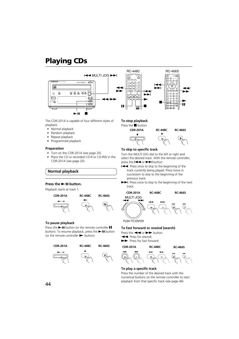 Playing cds, Normal playback, Press the n button | Tape rew tape ff, Preparation, Playback starts at track 1, Press the e button, Push to enter | Onkyo CDR-201A User Manual | Page 44 / 52