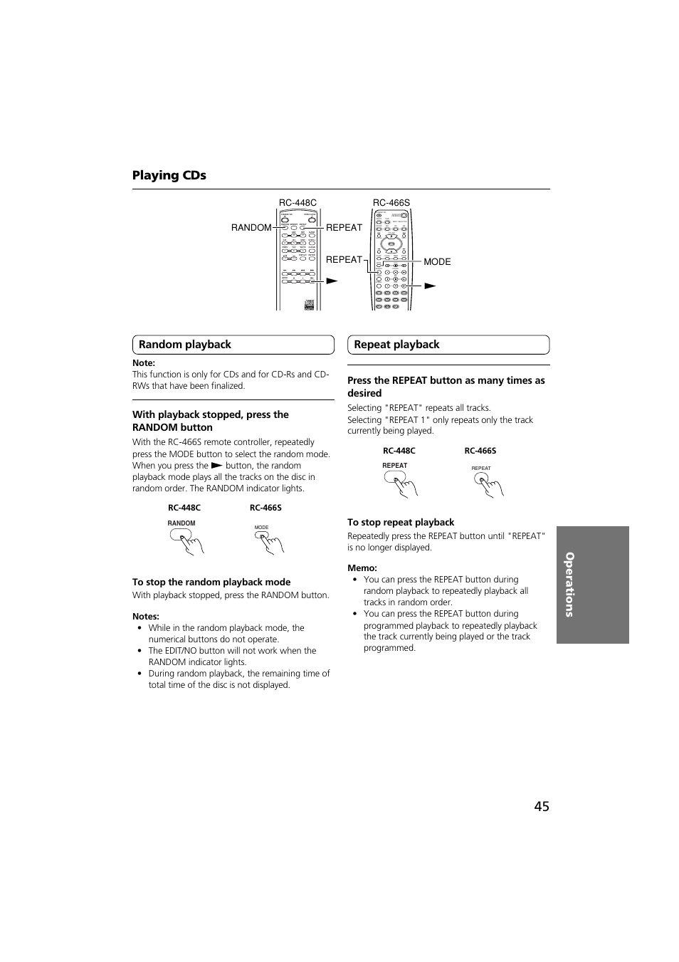 Playing cds, Operations, Random playback | Repeat playback, Tape rew tape ff, With playback stopped, press the random button, Press the repeat button as many times as desired | Onkyo CDR-201A User Manual | Page 45 / 52