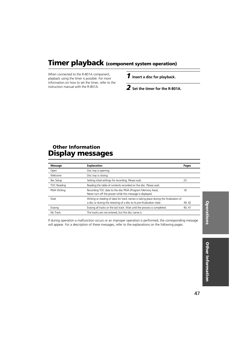 Timer playback, Display messages, Other information | Onkyo CDR-201A User Manual | Page 47 / 52