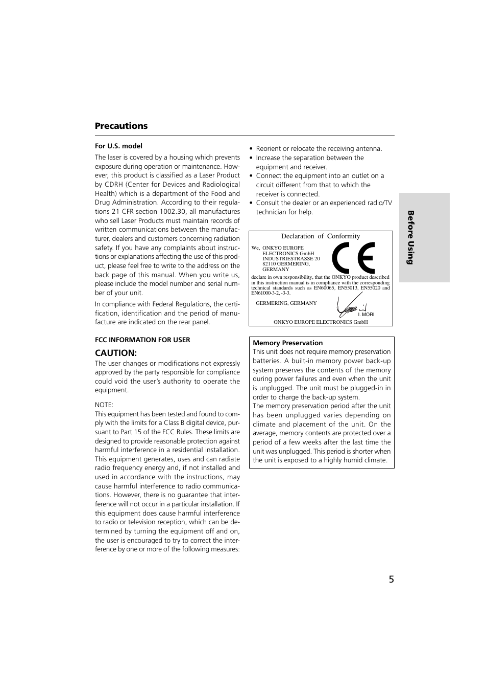 Precautions, Caution | Onkyo CDR-201A User Manual | Page 5 / 52