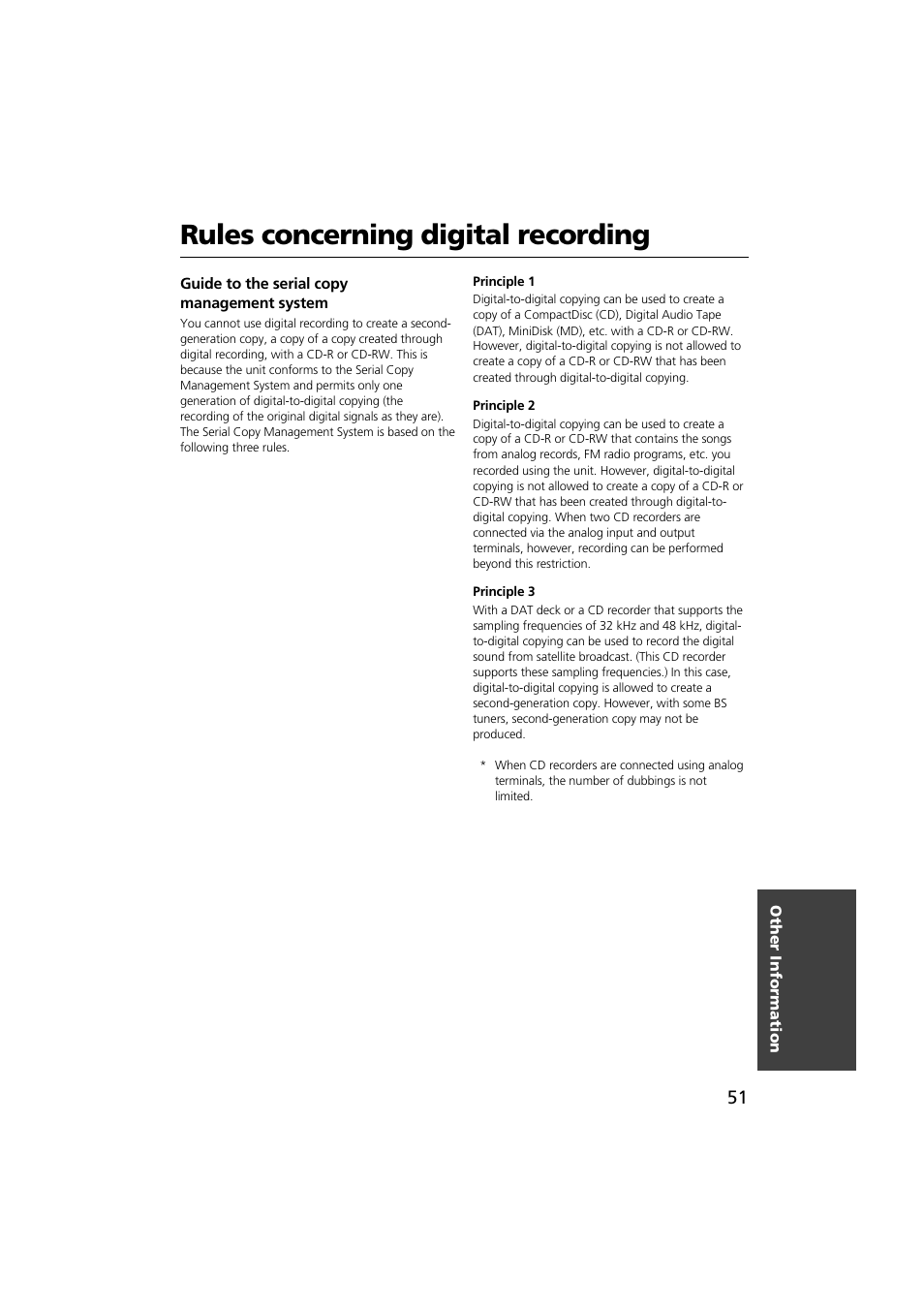 Rules concerning digital recording | Onkyo CDR-201A User Manual | Page 51 / 52