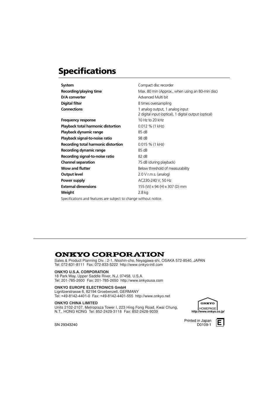 Specifications | Onkyo CDR-201A User Manual | Page 52 / 52