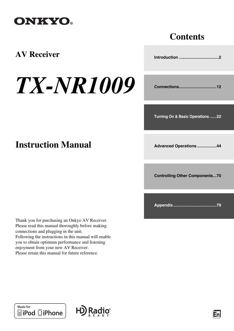 Onkyo AV RECEIVER TX-NR1009 User Manual | 100 pages