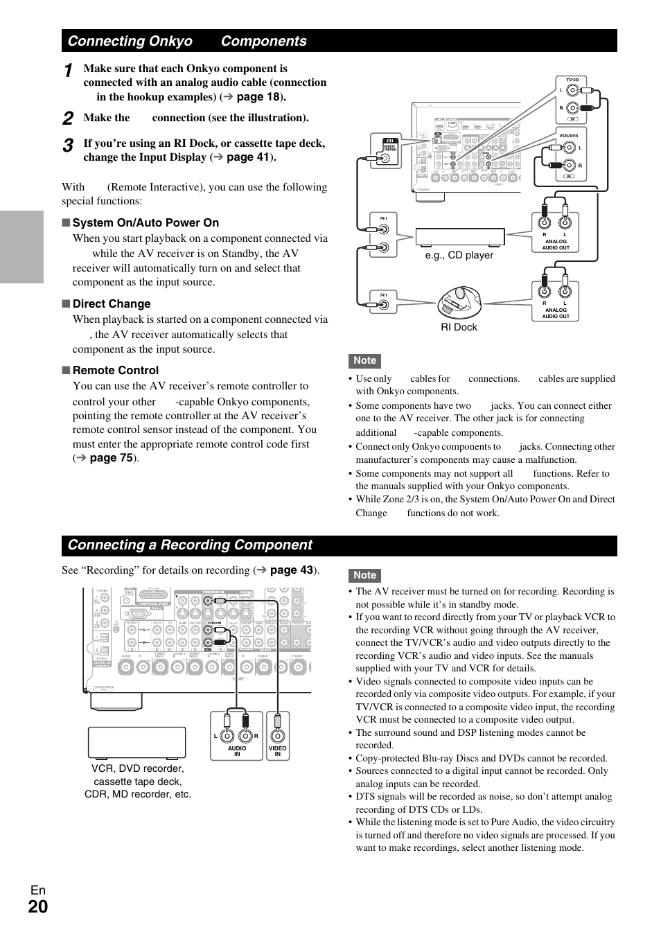 Connecting onkyo ri components, Connecting a recording component, Connecting onkyo | Connecting onkyo components | Onkyo AV RECEIVER TX-NR1009 User Manual | Page 20 / 100
