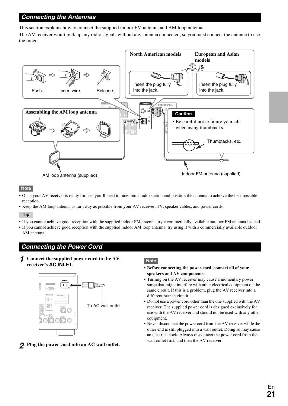 Connecting the antennas, Connecting the power cord, Connecting the antennas connecting the power cord | Onkyo AV RECEIVER TX-NR1009 User Manual | Page 21 / 100