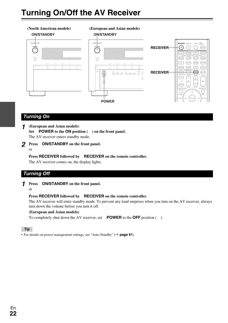 Turning on & basic operations, Turning on/off the av receiver, Turning on | Turning off, Turning on turning off, Button (22 | Onkyo AV RECEIVER TX-NR1009 User Manual | Page 22 / 100
