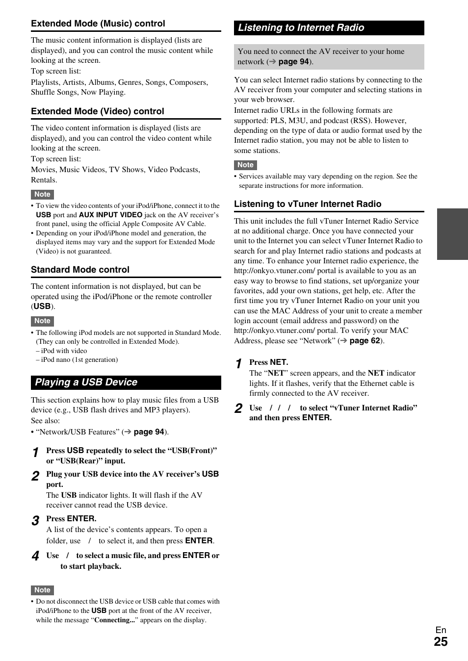 Playing a usb device, Listening to internet radio, Playing a usb device listening to internet radio | Onkyo AV RECEIVER TX-NR1009 User Manual | Page 25 / 100