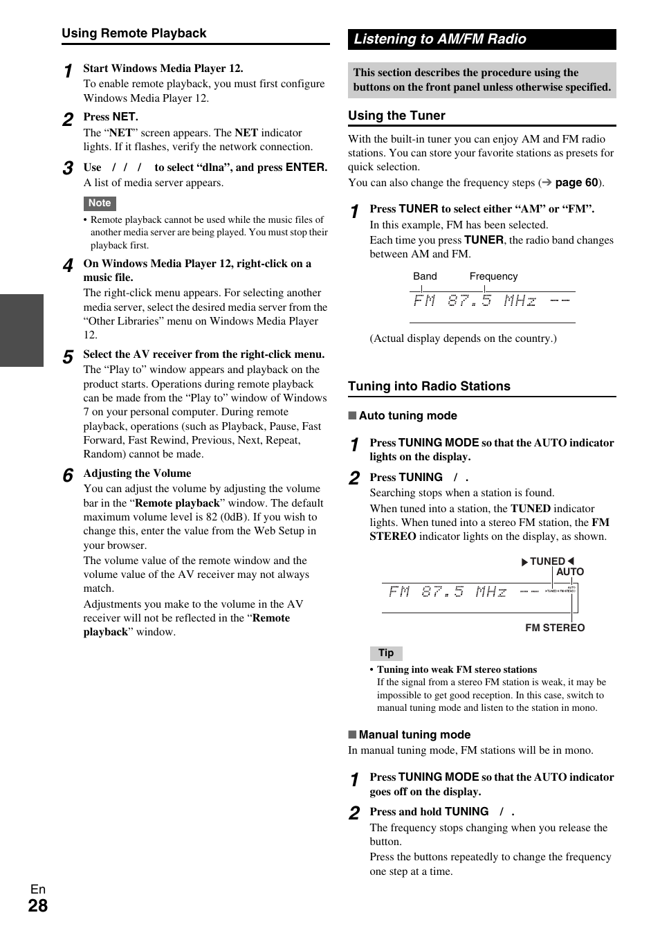 Listening to am/fm radio, On (28) | Onkyo AV RECEIVER TX-NR1009 User Manual | Page 28 / 100