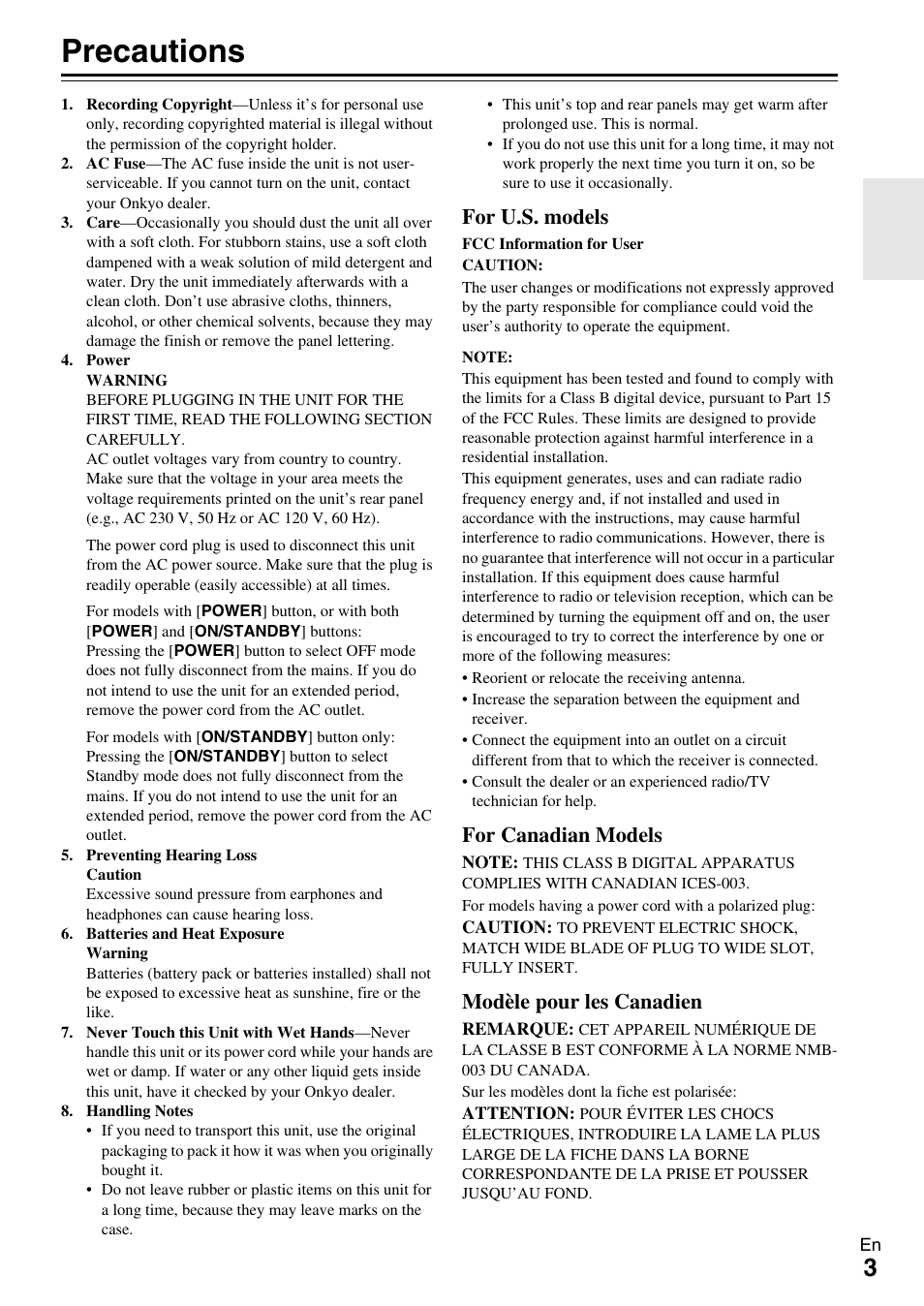 Precautions, For u.s. models, For canadian models | Modèle pour les canadien | Onkyo AV RECEIVER TX-NR1009 User Manual | Page 3 / 100