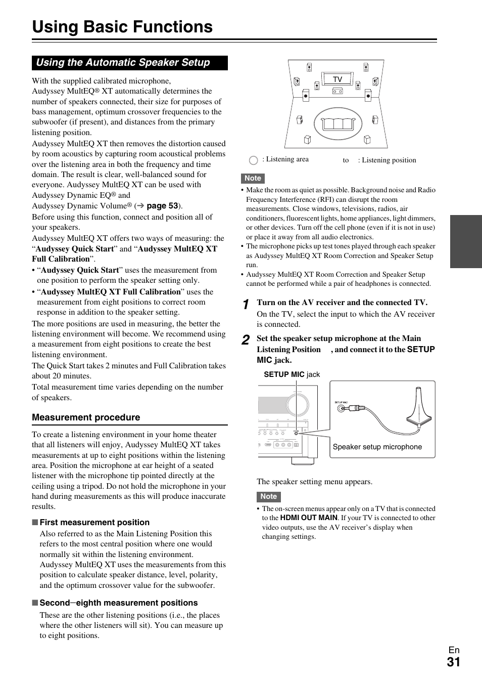 Using basic functions, Using the automatic speaker setup | Onkyo AV RECEIVER TX-NR1009 User Manual | Page 31 / 100